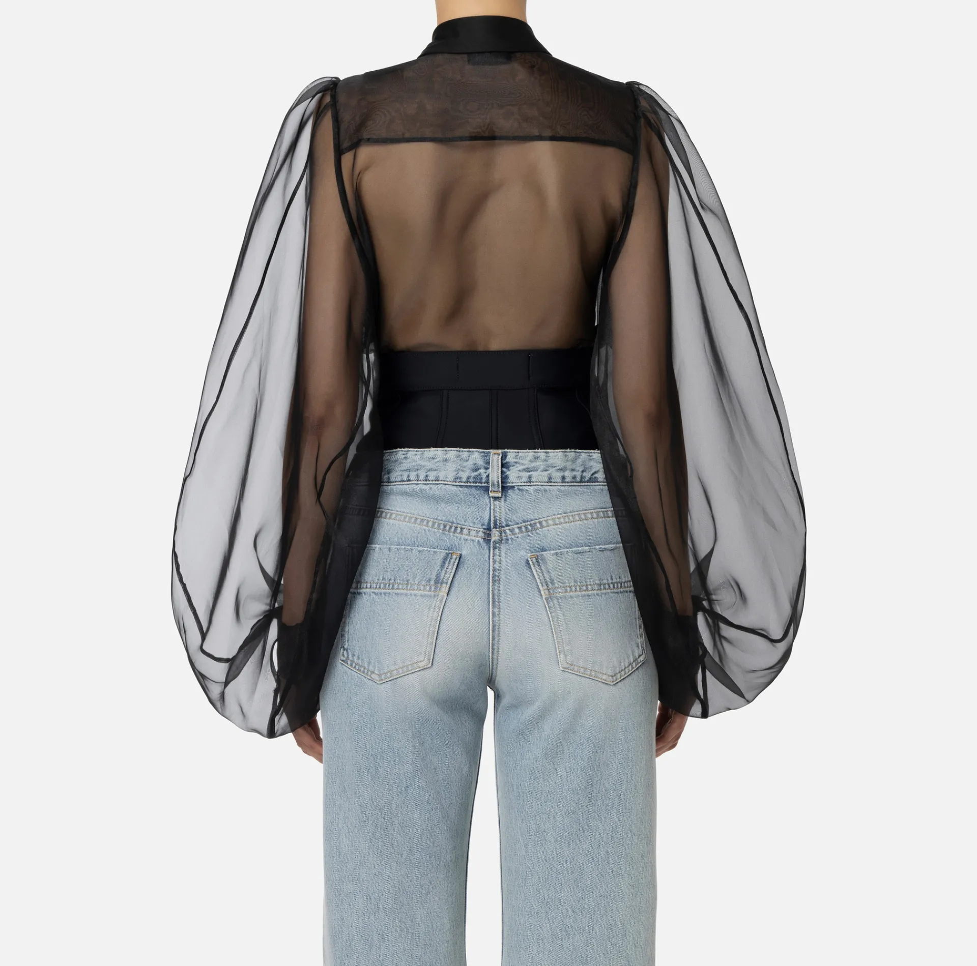Elisabetta Franchi Top And T-Shirts|Shirts And Blouses|Bodysuit-style blouse in organza fabric with bib Black