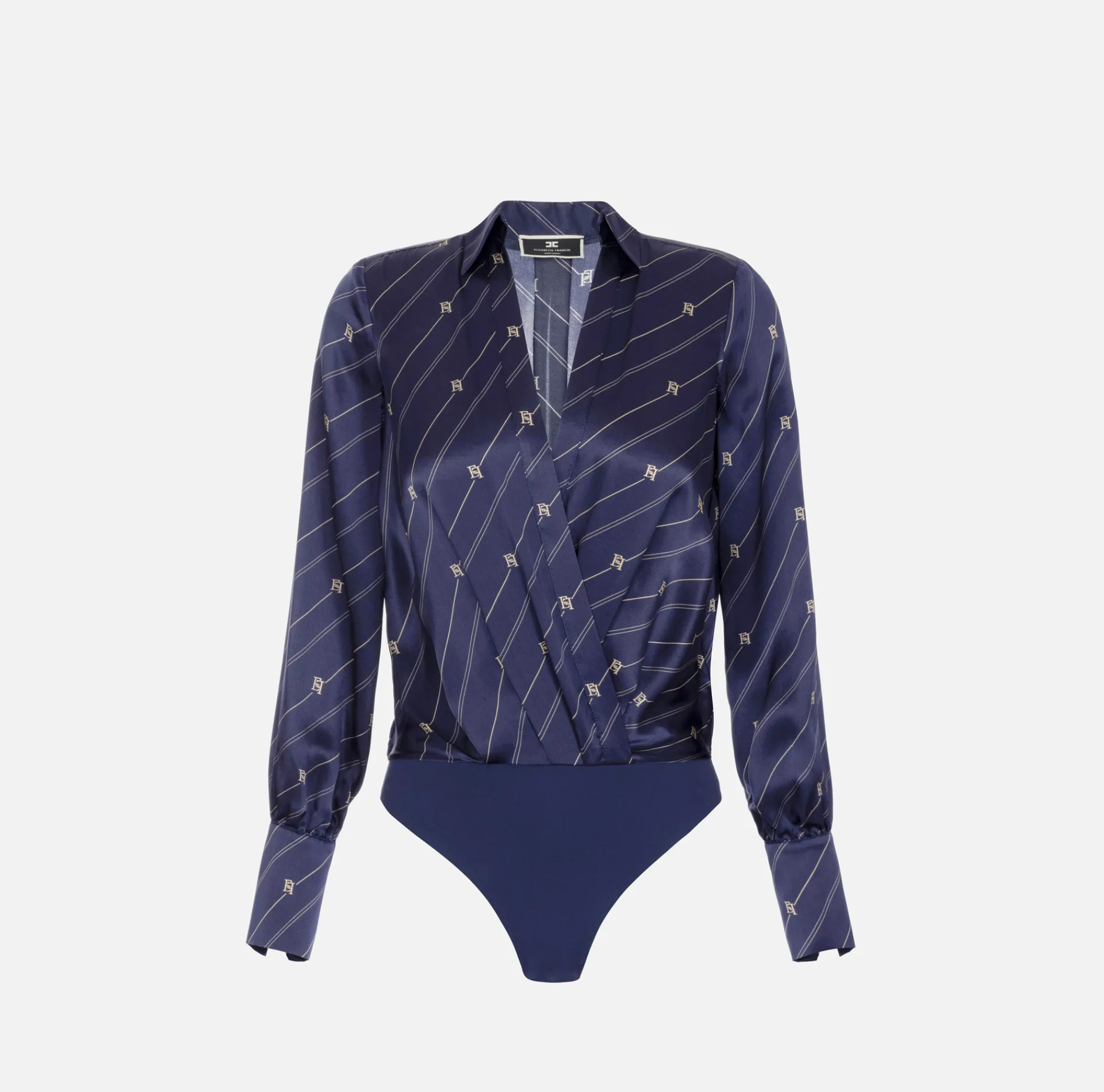 Elisabetta Franchi Shirts And Blouses|Top And T-Shirts|Bodysuit-style printed silk blouse Navy/Cream