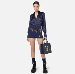 Elisabetta Franchi Shirts And Blouses|Top And T-Shirts|Bodysuit-style printed silk blouse Navy/Cream