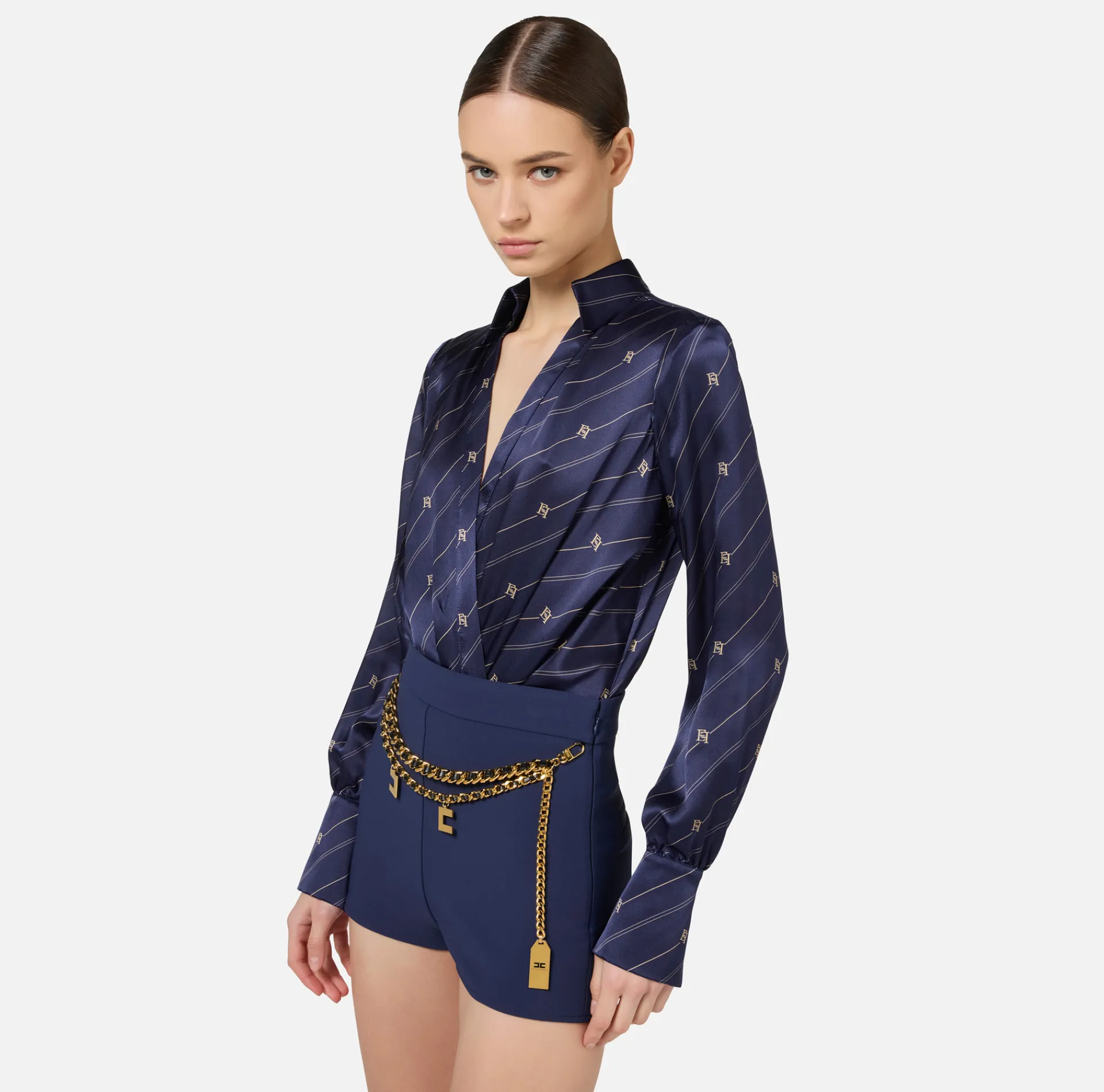 Elisabetta Franchi Shirts And Blouses|Top And T-Shirts|Bodysuit-style printed silk blouse Navy/Cream