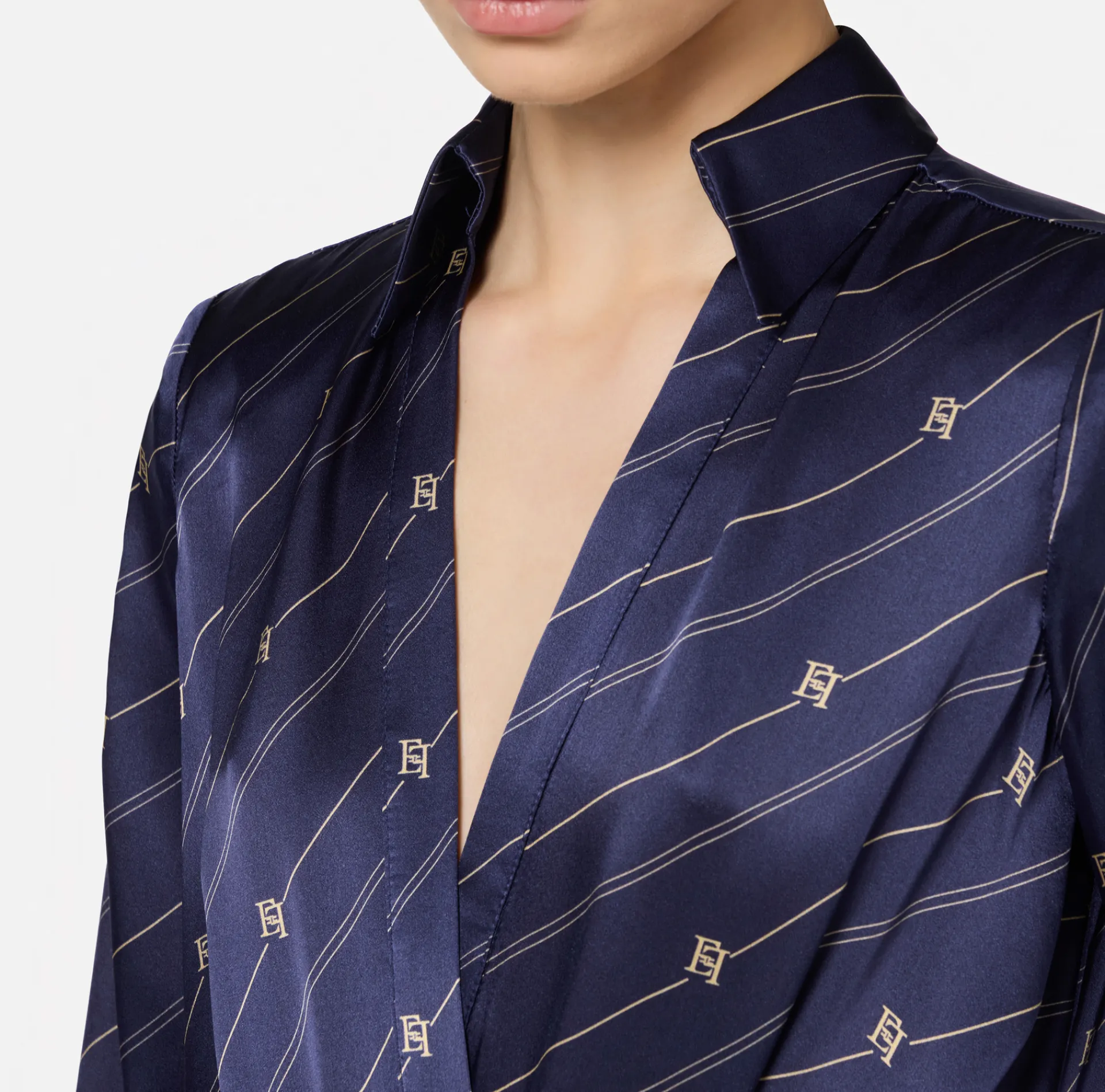 Elisabetta Franchi Shirts And Blouses|Top And T-Shirts|Bodysuit-style printed silk blouse Navy/Cream