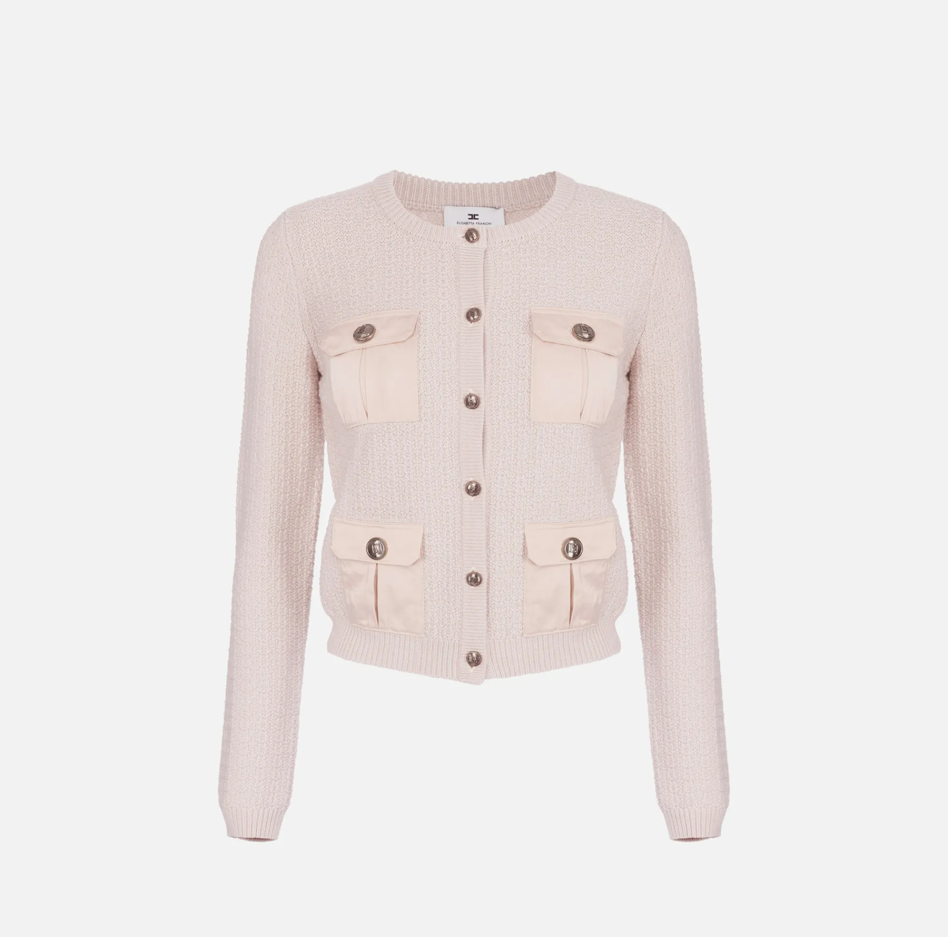 Elisabetta Franchi Knitwear And Sweatshirts|Bouclé wool cardigan with pockets in technical voile fabric Latex