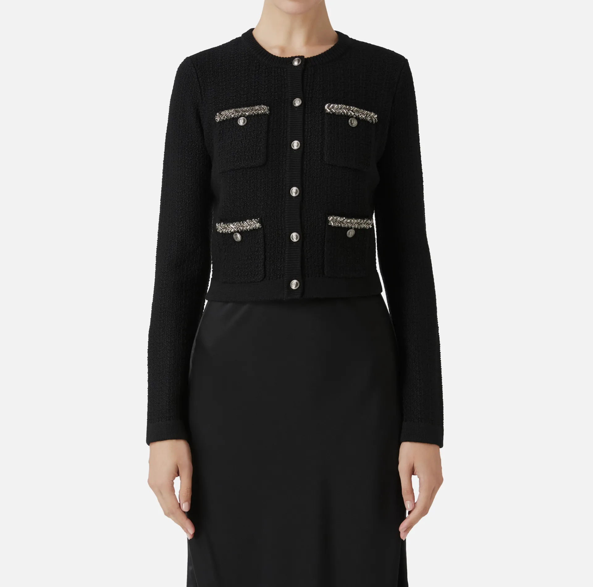 Elisabetta Franchi Knitwear And Sweatshirts|Bouclé wool cardigan with embroidery Black