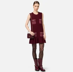 Elisabetta Franchi Mini Dresses|Knitted Dresses|Bouclé wool mini-dress with pockets in technical voile fabric RougeNoir