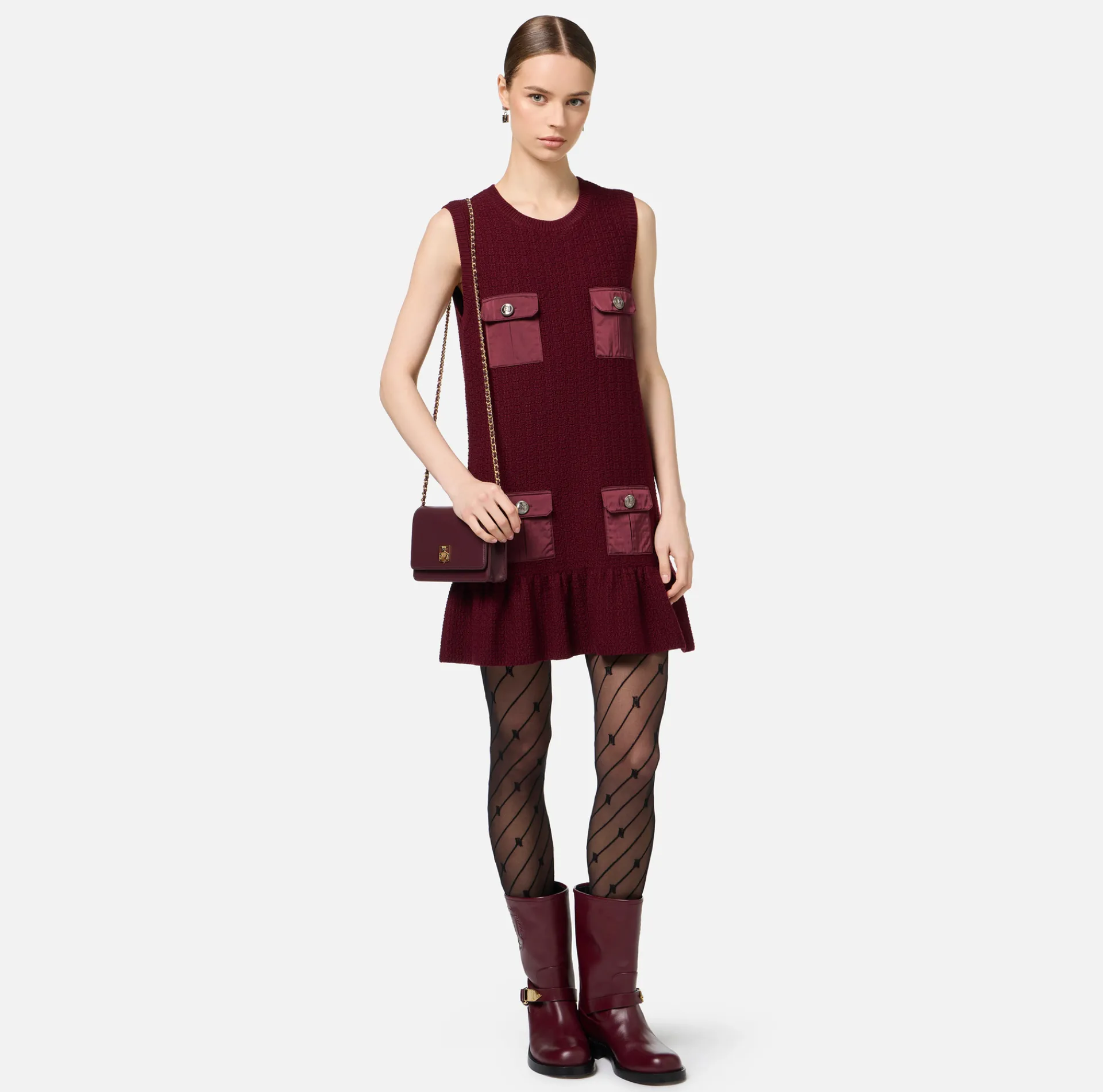 Elisabetta Franchi Mini Dresses|Knitted Dresses|Bouclé wool mini-dress with pockets in technical voile fabric RougeNoir