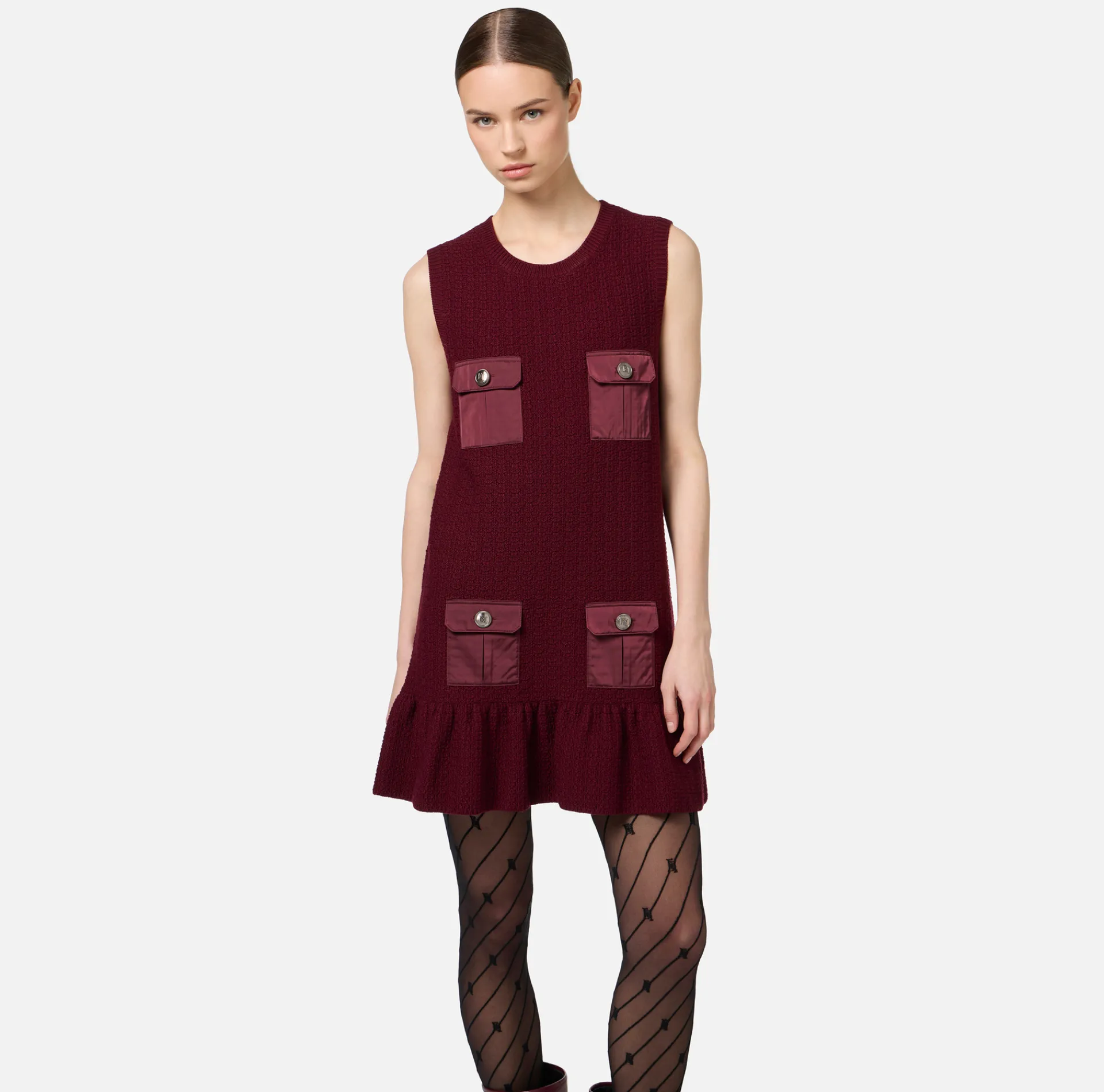 Elisabetta Franchi Mini Dresses|Knitted Dresses|Bouclé wool mini-dress with pockets in technical voile fabric RougeNoir
