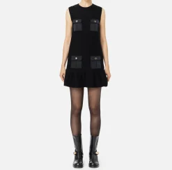 Elisabetta Franchi Mini Dresses|Knitted Dresses|Bouclé wool mini-dress with pockets in technical voile fabric Black