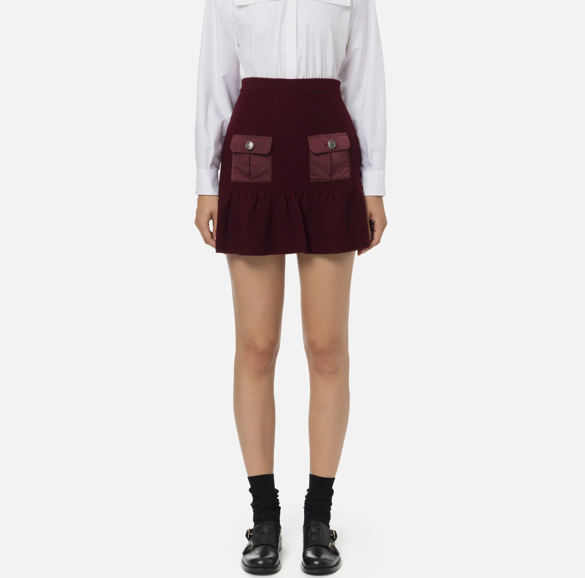 Elisabetta Franchi Skirts|Bouclé wool miniskirt with pockets in technical voile fabric RougeNoir