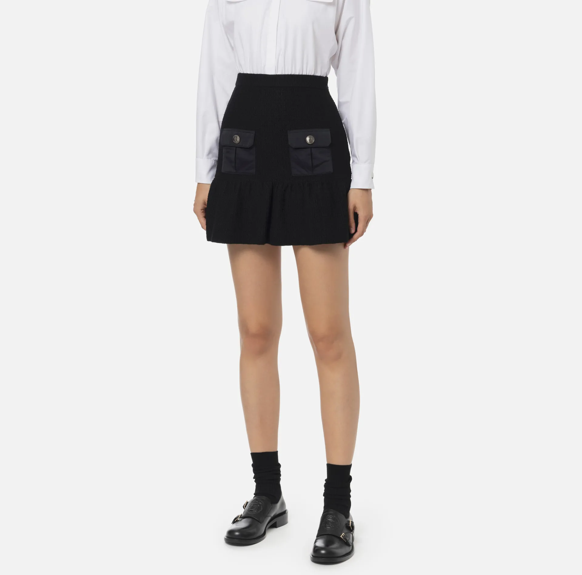Elisabetta Franchi Skirts|Bouclé wool miniskirt with pockets in technical voile fabric Black