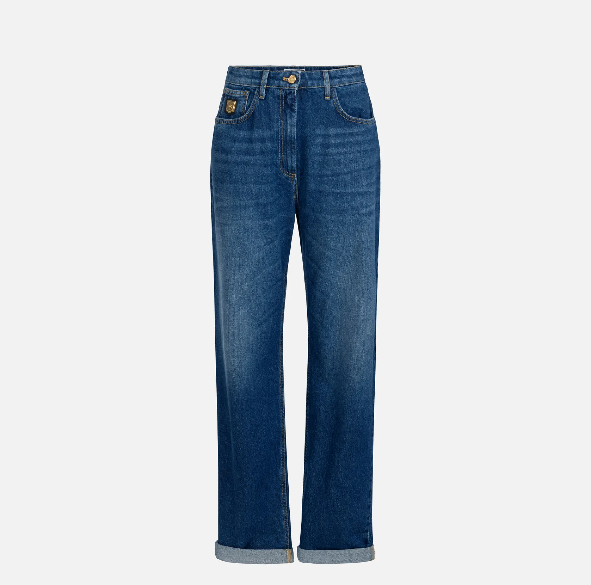 Elisabetta Franchi Jeans|Boyfriend cotton jeans with golden plaque DenimBlue