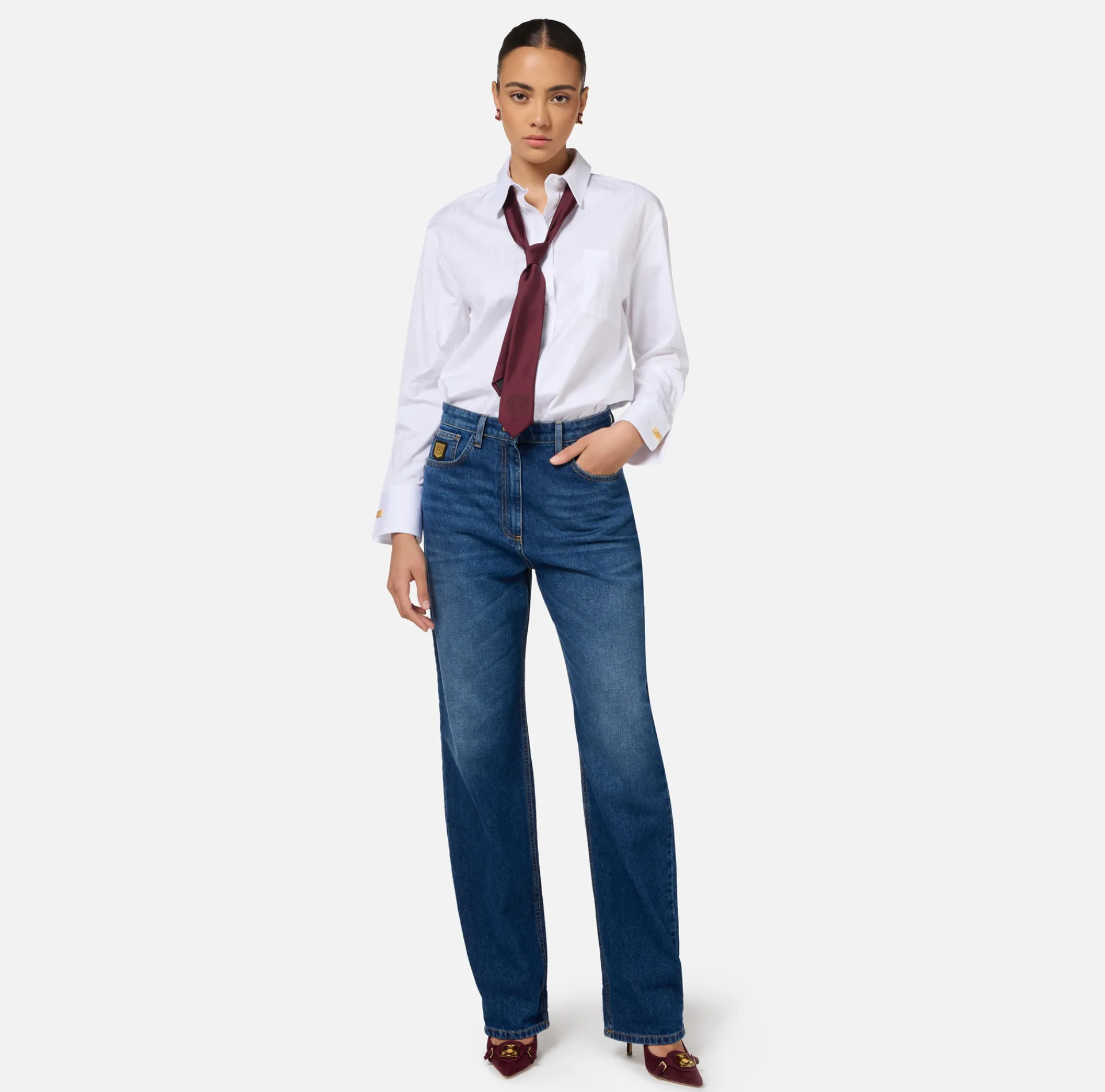 Elisabetta Franchi Jeans|Boyfriend cotton jeans with golden plaque DenimBlue