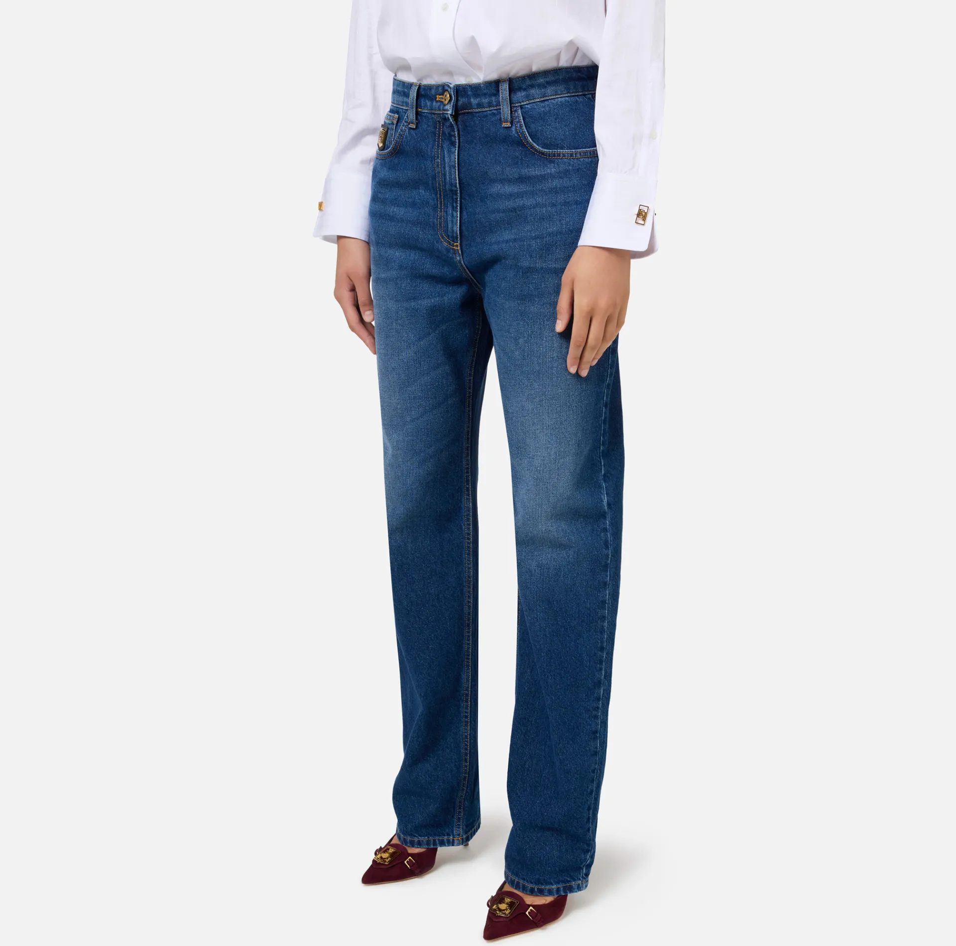 Elisabetta Franchi Jeans|Boyfriend cotton jeans with golden plaque DenimBlue