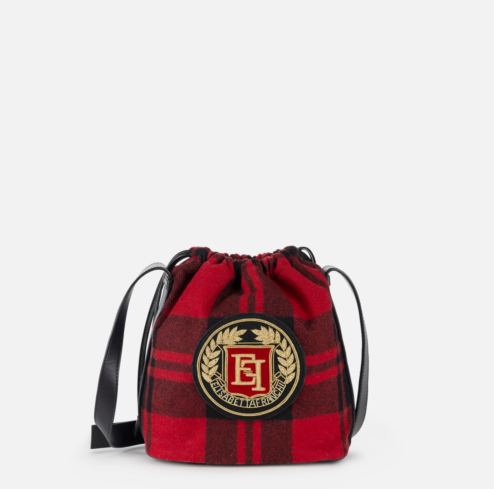 Elisabetta Franchi Strap Bags|Bucket bag in tartan wool RedPassion/Black