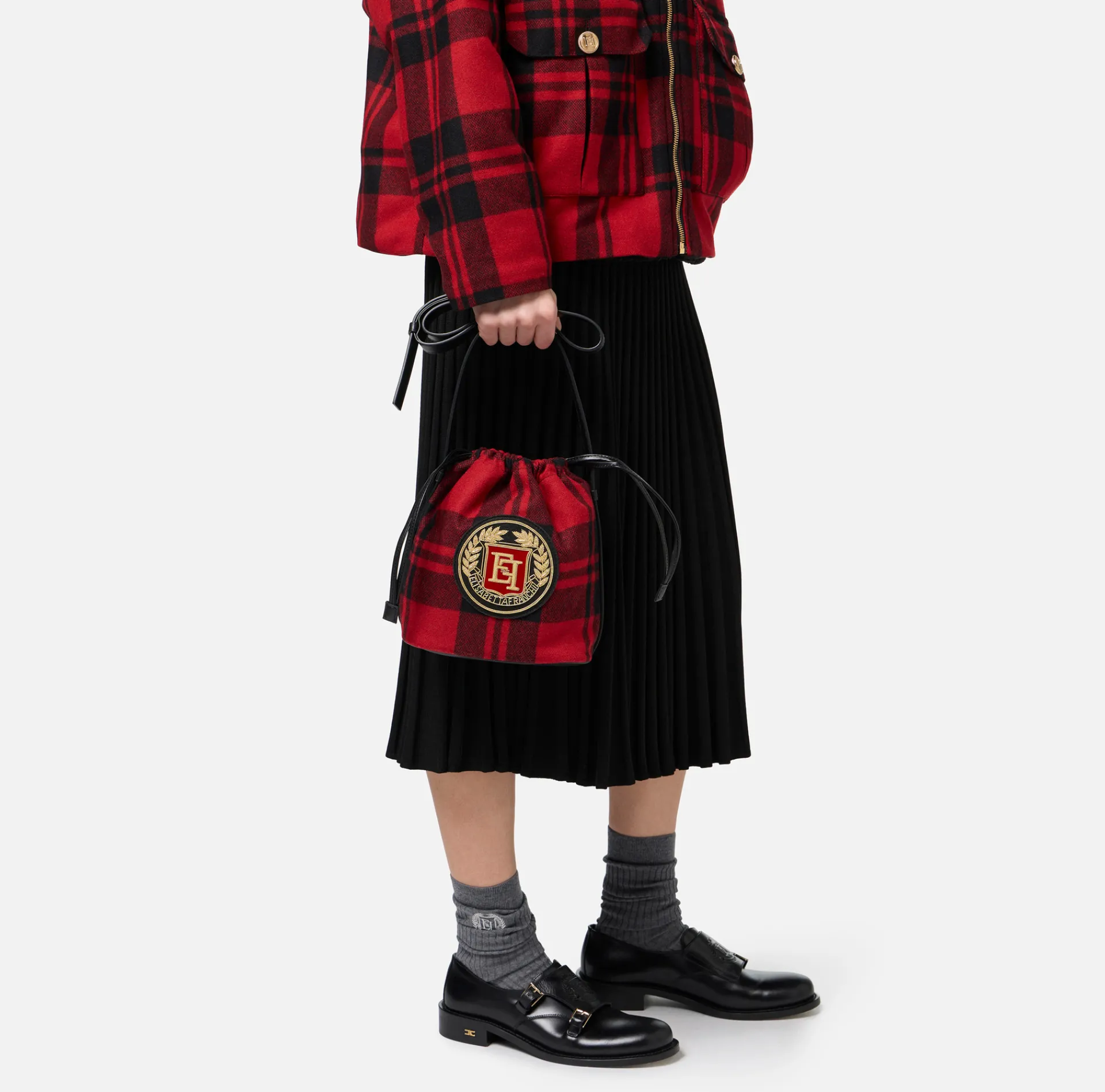 Elisabetta Franchi Strap Bags|Bucket bag in tartan wool RedPassion/Black