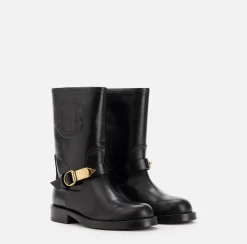 Elisabetta Franchi Boots|Calfskin leather biker-style boot with logo Black