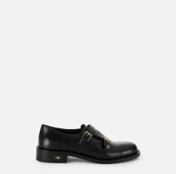 Elisabetta Franchi Sneakers & Flat Shoes|Calfskin leather Derby shoes with flap Black