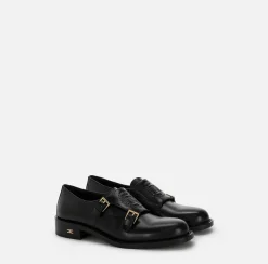 Elisabetta Franchi Sneakers & Flat Shoes|Calfskin leather Derby shoes with flap Black