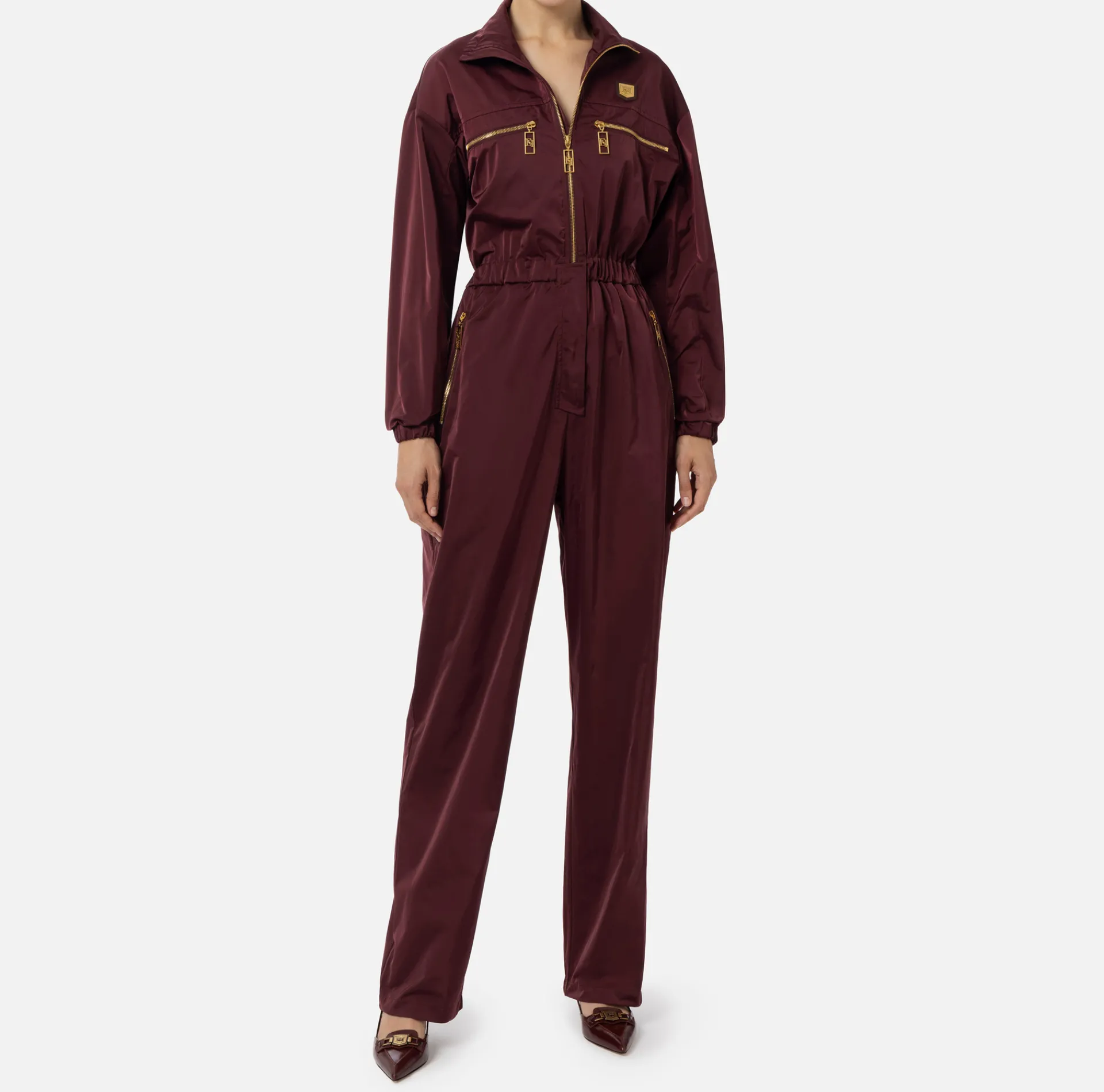 Elisabetta Franchi Jumpsuits|Cargo jumpsuit in technical nylon with zip RougeNoir