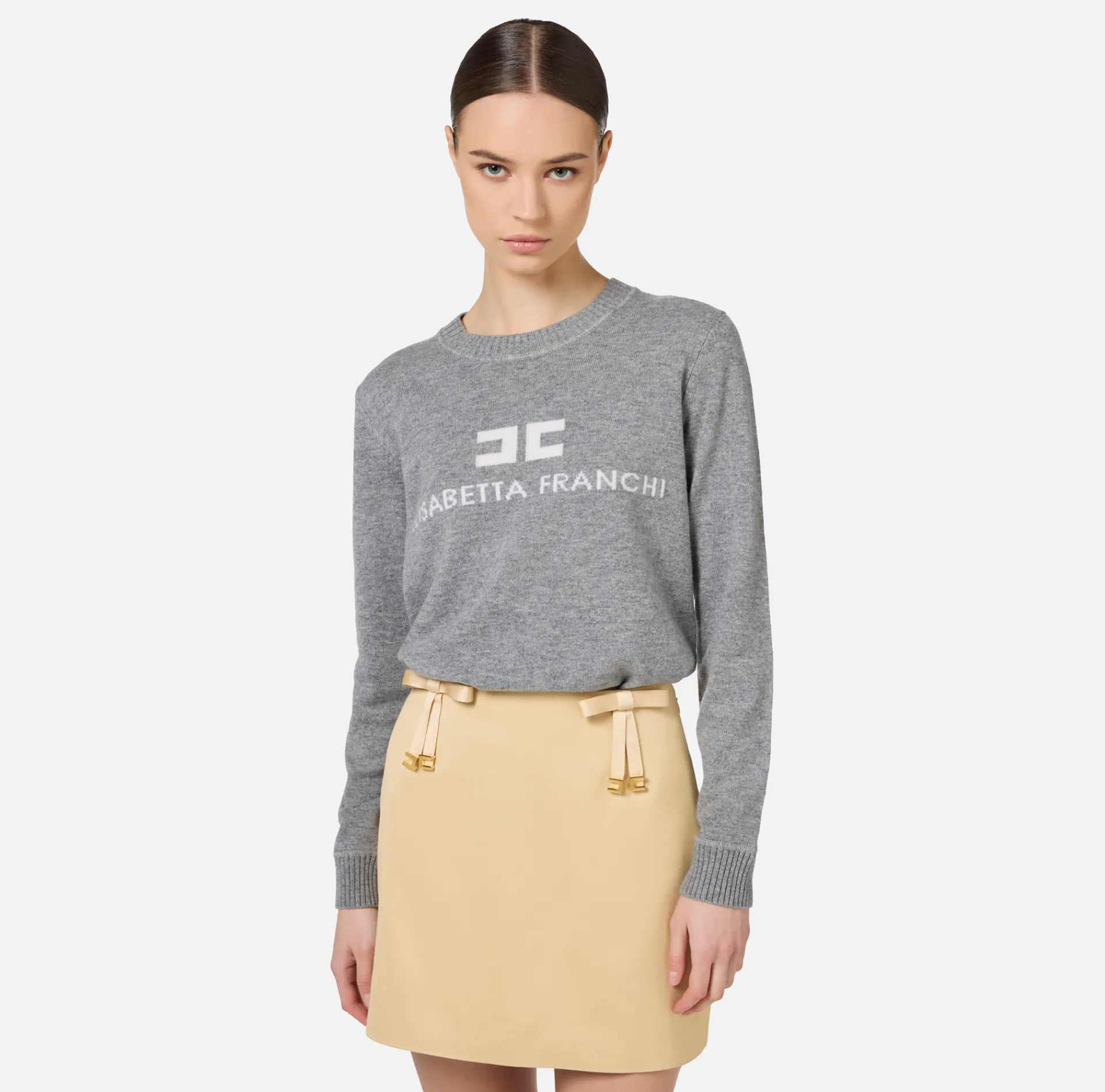 Elisabetta Franchi Knitwear And Sweatshirts|Cashmere blend pullover with logo |HeatherGrey/Ivory