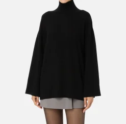Elisabetta Franchi Knitwear And Sweatshirts|Cashmere blend turtleneck with logo Black/Butter