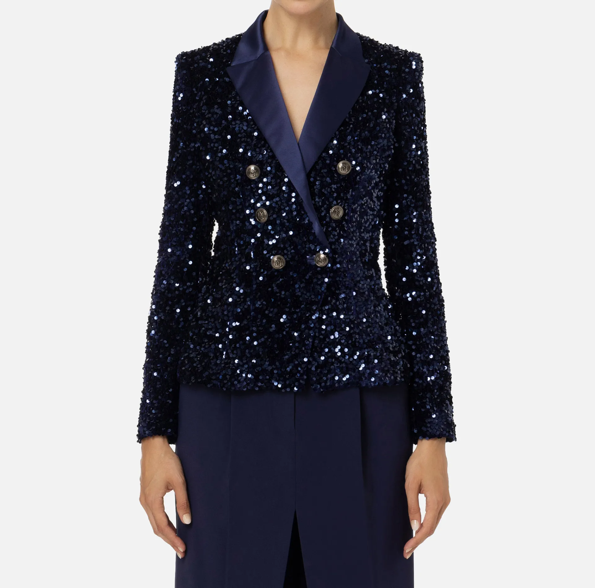 Elisabetta Franchi Tailleur|Jackets And Trench Coats|Chenille double-breasted jacket embroidered with sequins Navy