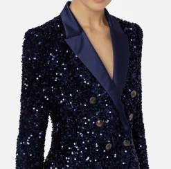 Elisabetta Franchi Tailleur|Jackets And Trench Coats|Chenille double-breasted jacket embroidered with sequins Navy