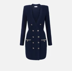 Elisabetta Franchi Dresses|Mini Dresses|Coat dress in bouclé wool with embroidery Navy