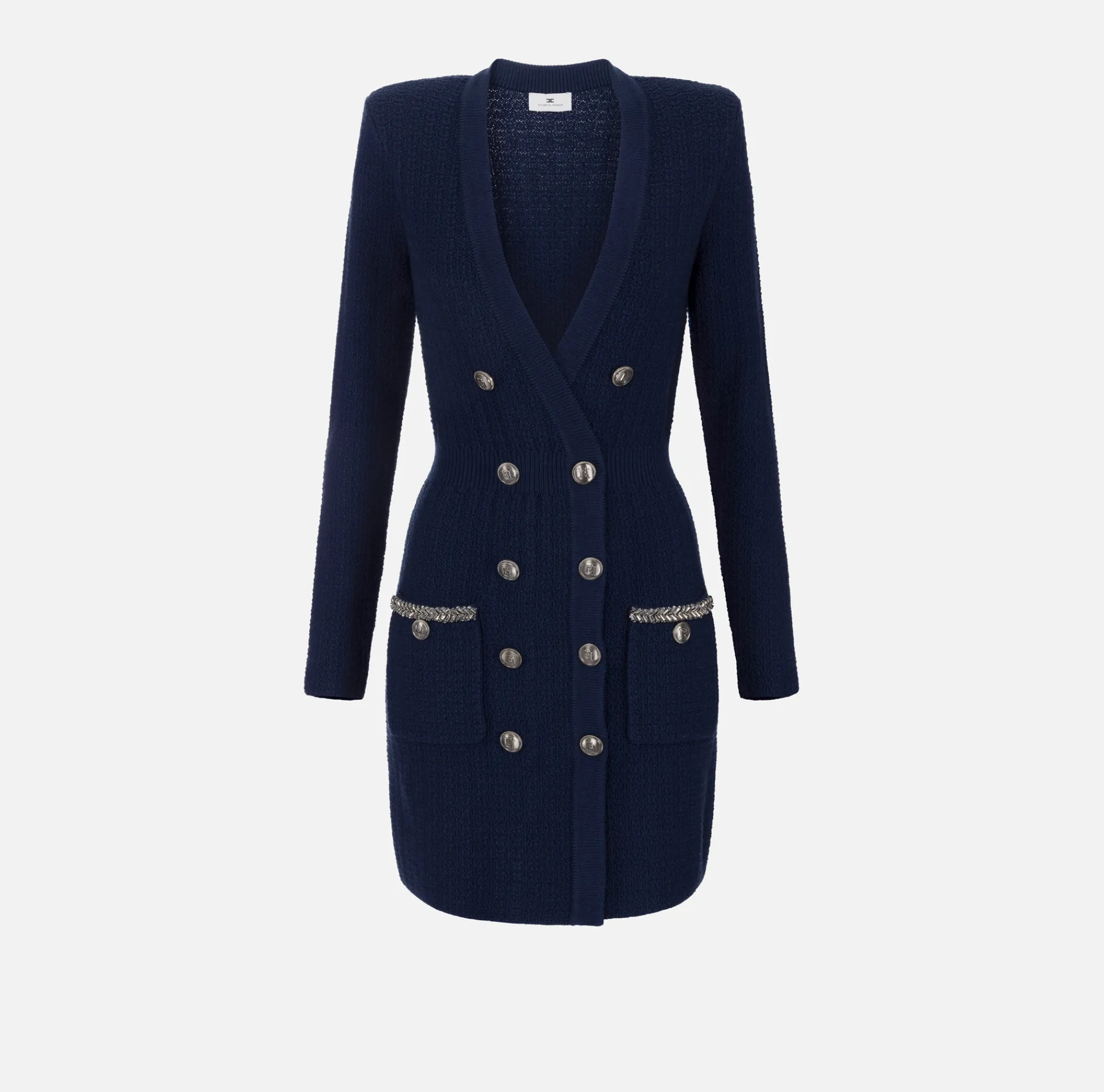 Elisabetta Franchi Dresses|Mini Dresses|Coat dress in bouclé wool with embroidery Navy