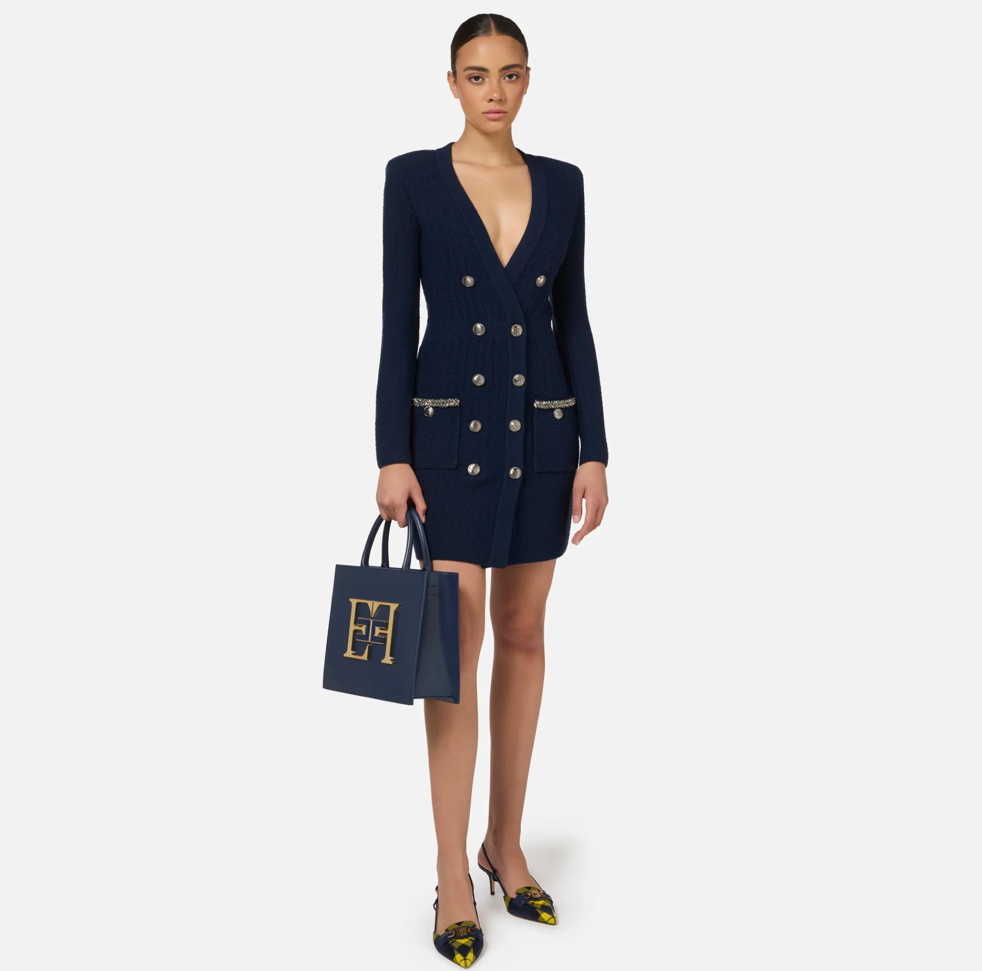 Elisabetta Franchi Dresses|Mini Dresses|Coat dress in bouclé wool with embroidery Navy