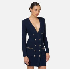 Elisabetta Franchi Dresses|Mini Dresses|Coat dress in bouclé wool with embroidery Navy
