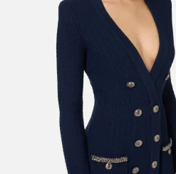 Elisabetta Franchi Dresses|Mini Dresses|Coat dress in bouclé wool with embroidery Navy