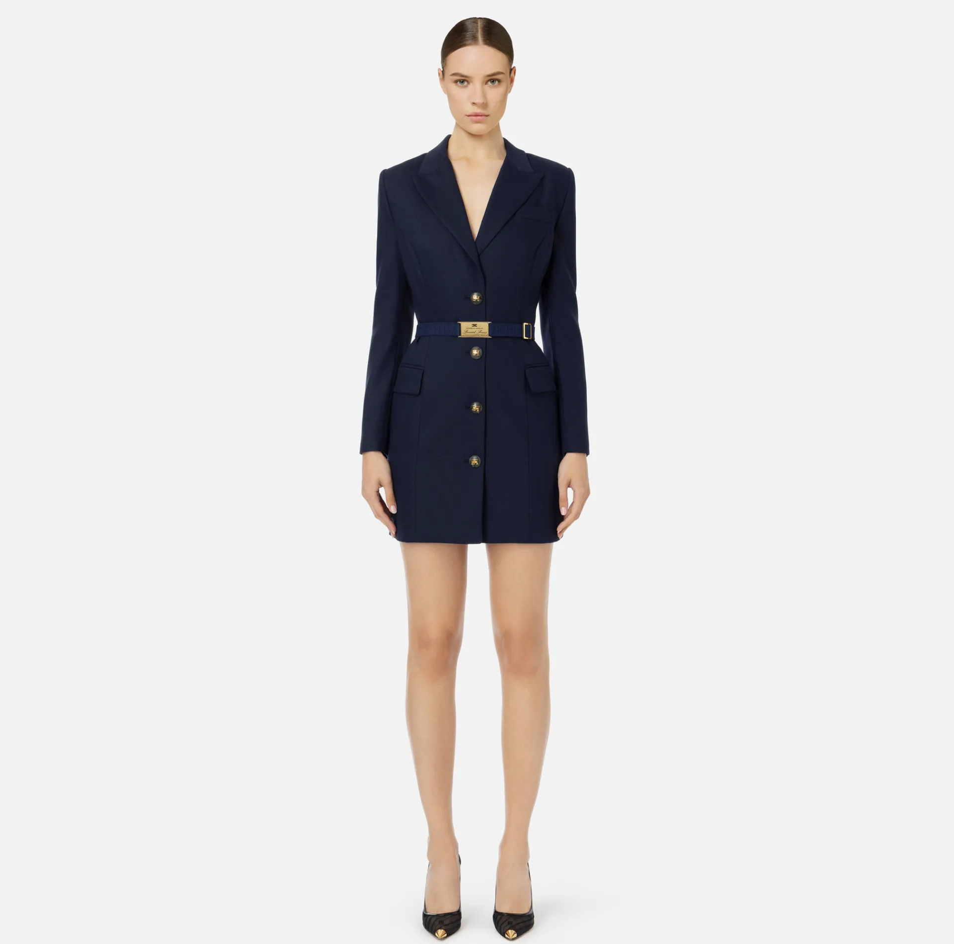 Elisabetta Franchi Mini Dresses|Coat Dresses|Coat dress in cool wool with belt Navy