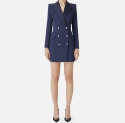 Elisabetta Franchi Mini Dresses|Coat Dresses|Coat dress in stretch crêpe fabric with satin lapels Navy