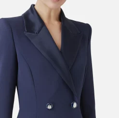 Elisabetta Franchi Mini Dresses|Coat Dresses|Coat dress in stretch crêpe fabric with satin lapels Navy