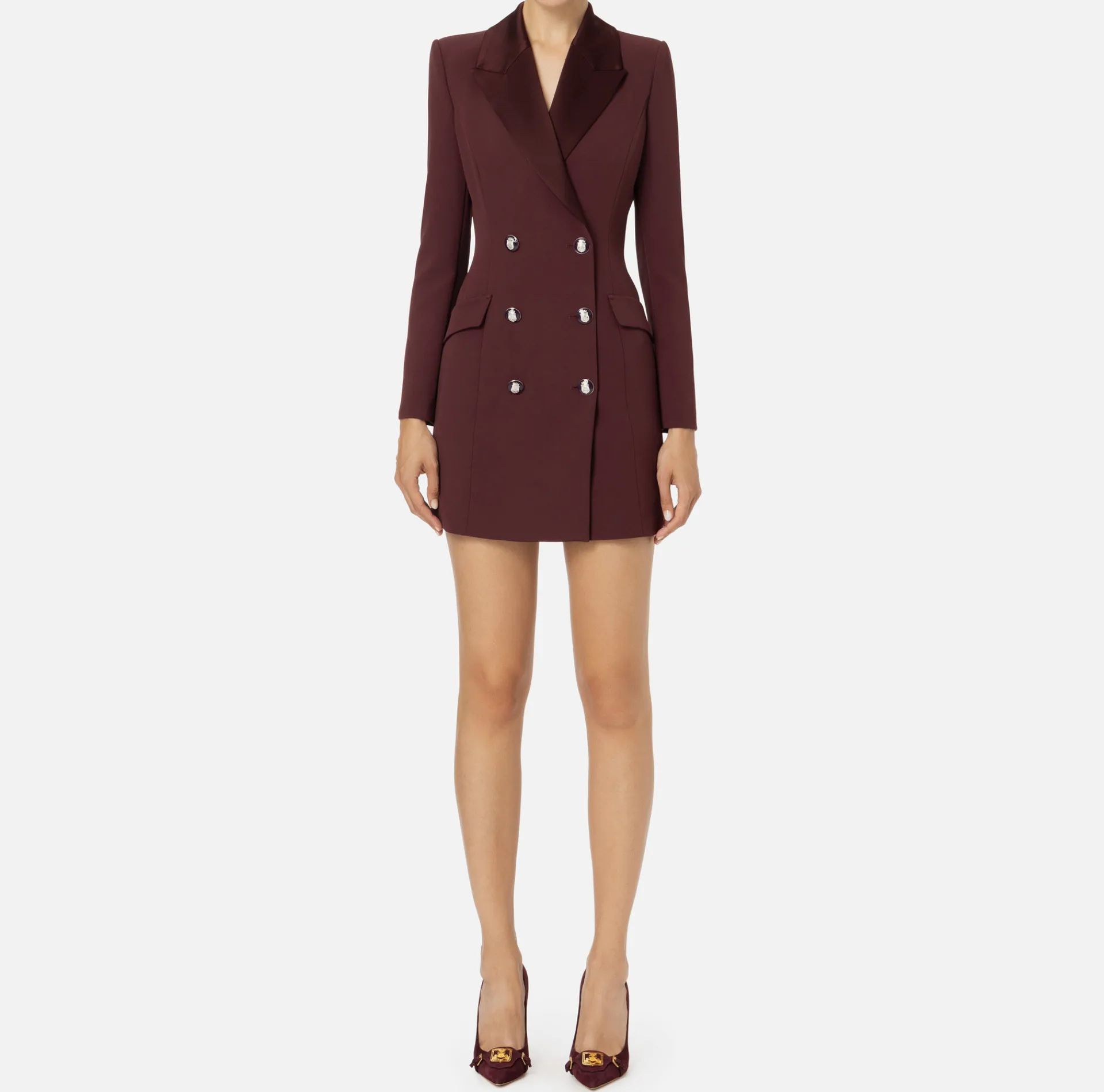 Elisabetta Franchi Mini Dresses|Coat Dresses|Coat dress in stretch crêpe fabric with satin lapels RougeNoir
