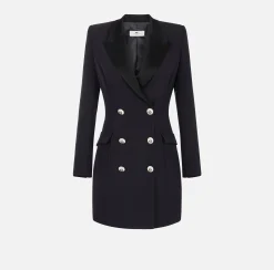 Elisabetta Franchi Mini Dresses|Coat Dresses|Coat dress in stretch crêpe fabric with satin lapels Black