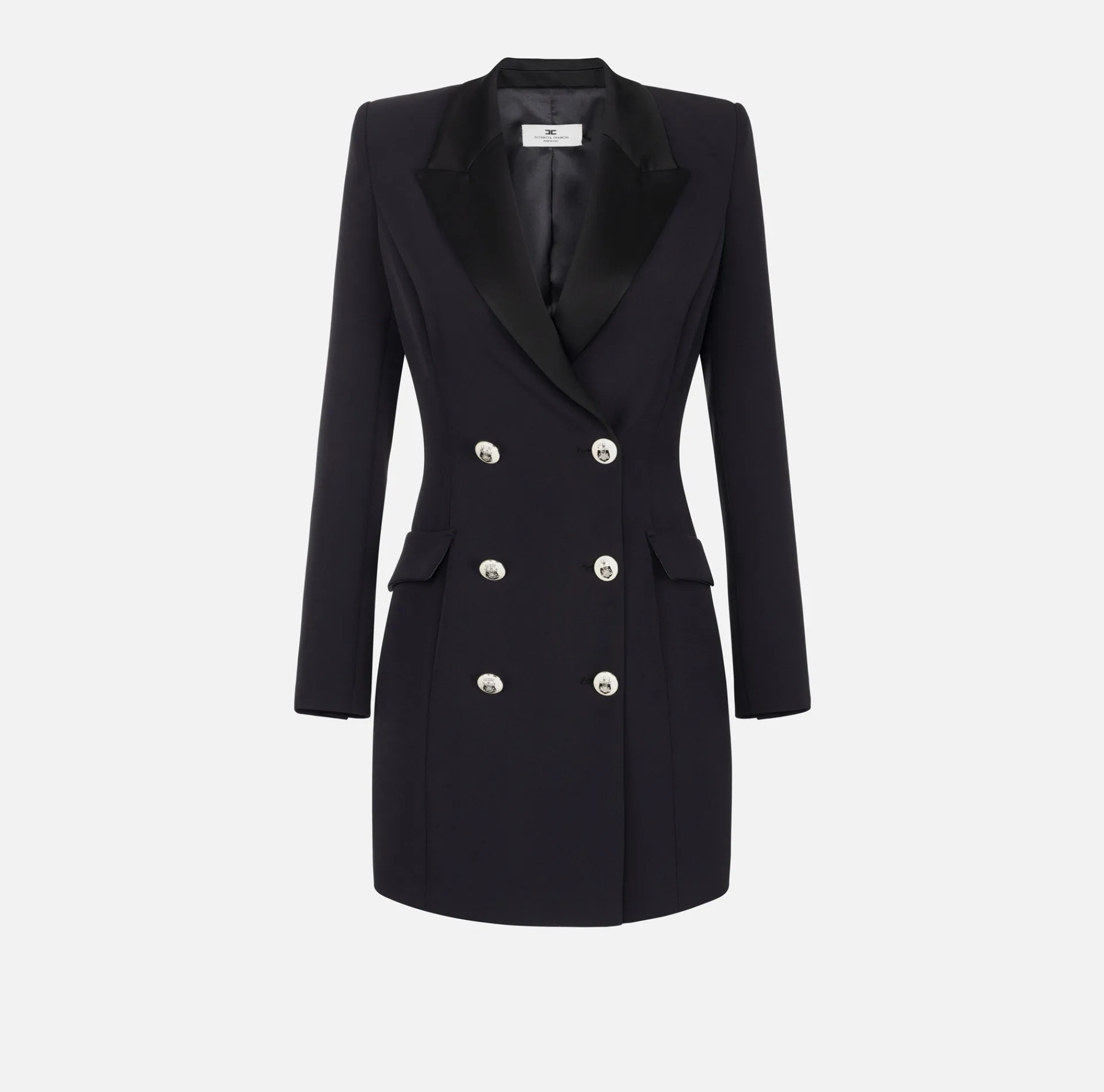 Elisabetta Franchi Mini Dresses|Coat Dresses|Coat dress in stretch crêpe fabric with satin lapels Black