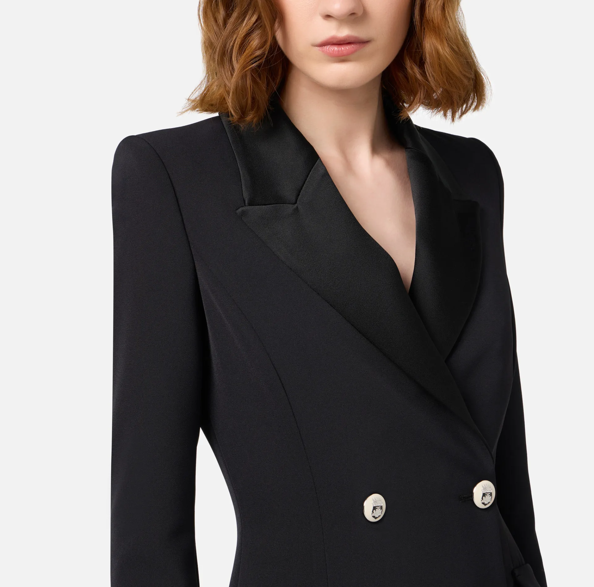 Elisabetta Franchi Mini Dresses|Coat Dresses|Coat dress in stretch crêpe fabric with satin lapels Black