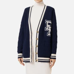 Elisabetta Franchi Knitwear And Sweatshirts|College-style wool cardigan Navy/Butter
