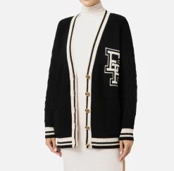 Elisabetta Franchi Knitwear And Sweatshirts|College-style wool cardigan Black/Butter