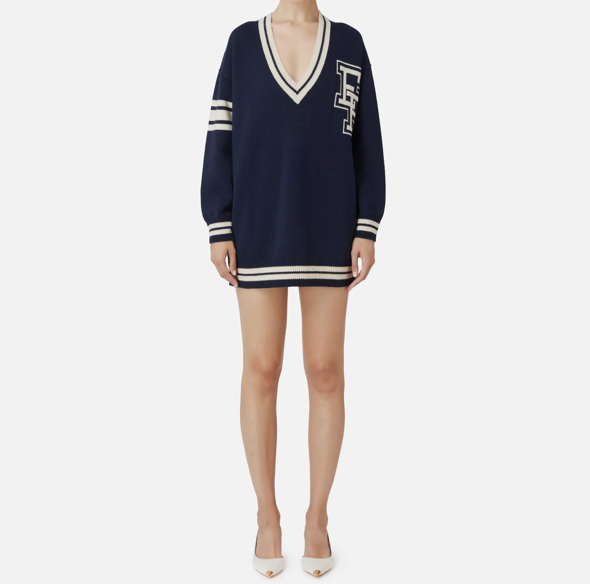 Elisabetta Franchi Mini Dresses|Knitted Dresses|College-style wool mini-dress Navy/Butter