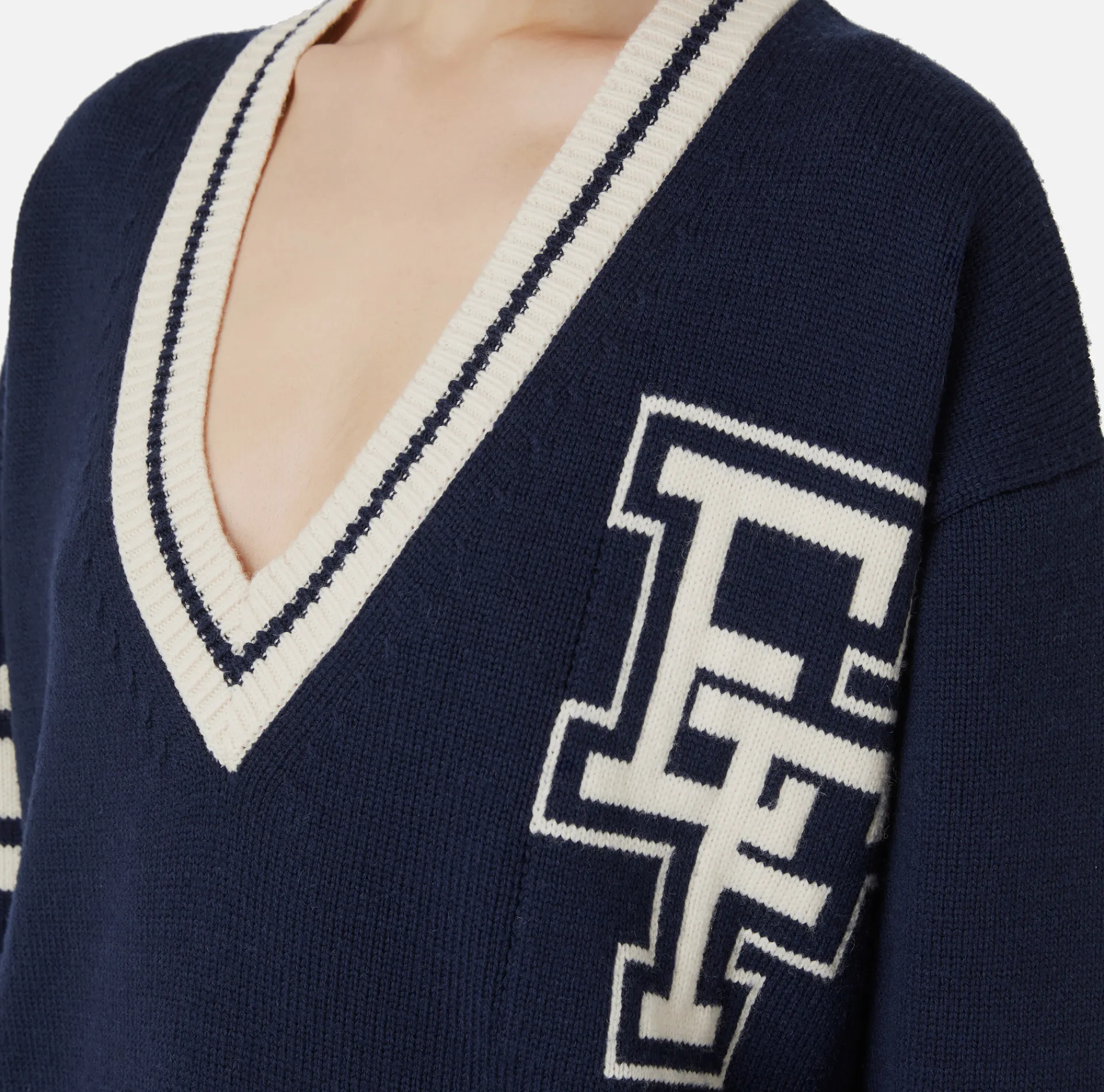 Elisabetta Franchi Mini Dresses|Knitted Dresses|College-style wool mini-dress Navy/Butter