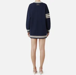 Elisabetta Franchi Mini Dresses|Knitted Dresses|College-style wool mini-dress Navy/Butter