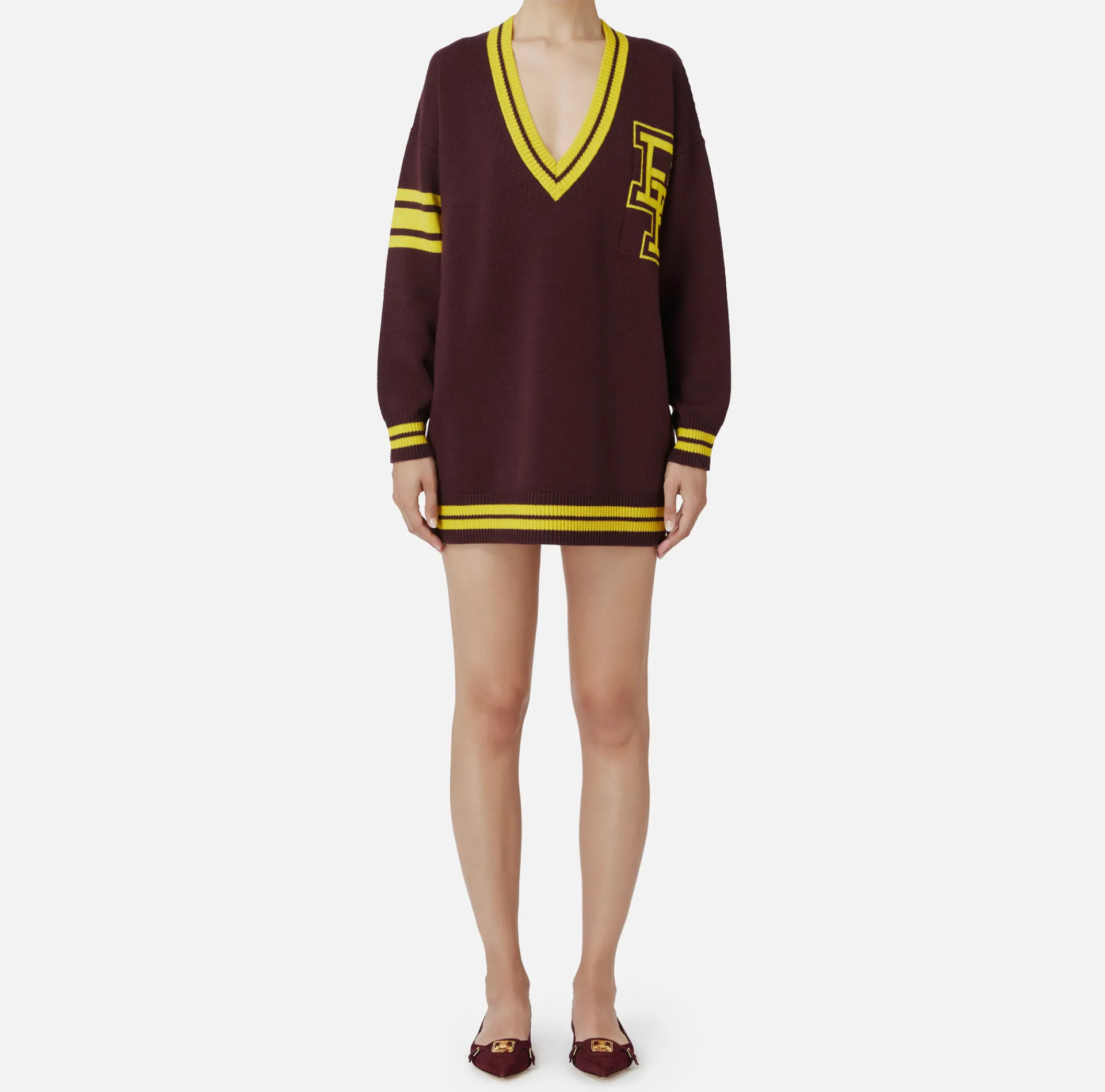 Elisabetta Franchi Mini Dresses|Knitted Dresses|College-style wool mini-dress RougeNoir/Mimosa