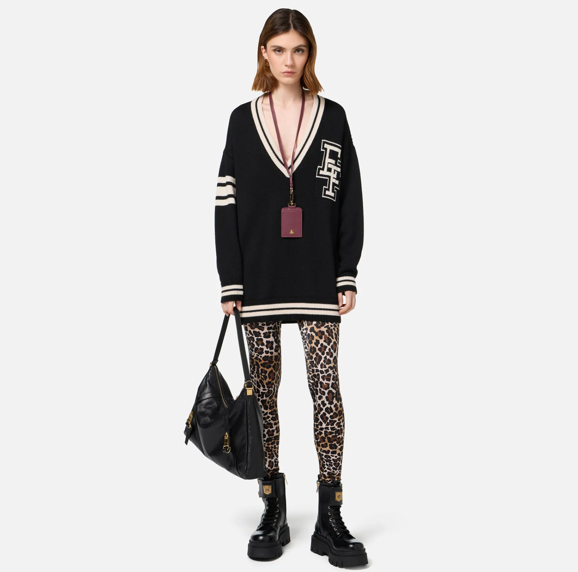 Elisabetta Franchi Mini Dresses|Knitted Dresses|College-style wool mini-dress Black/Butter