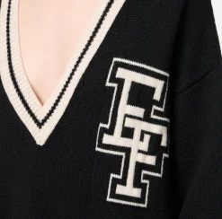 Elisabetta Franchi Mini Dresses|Knitted Dresses|College-style wool mini-dress Black/Butter