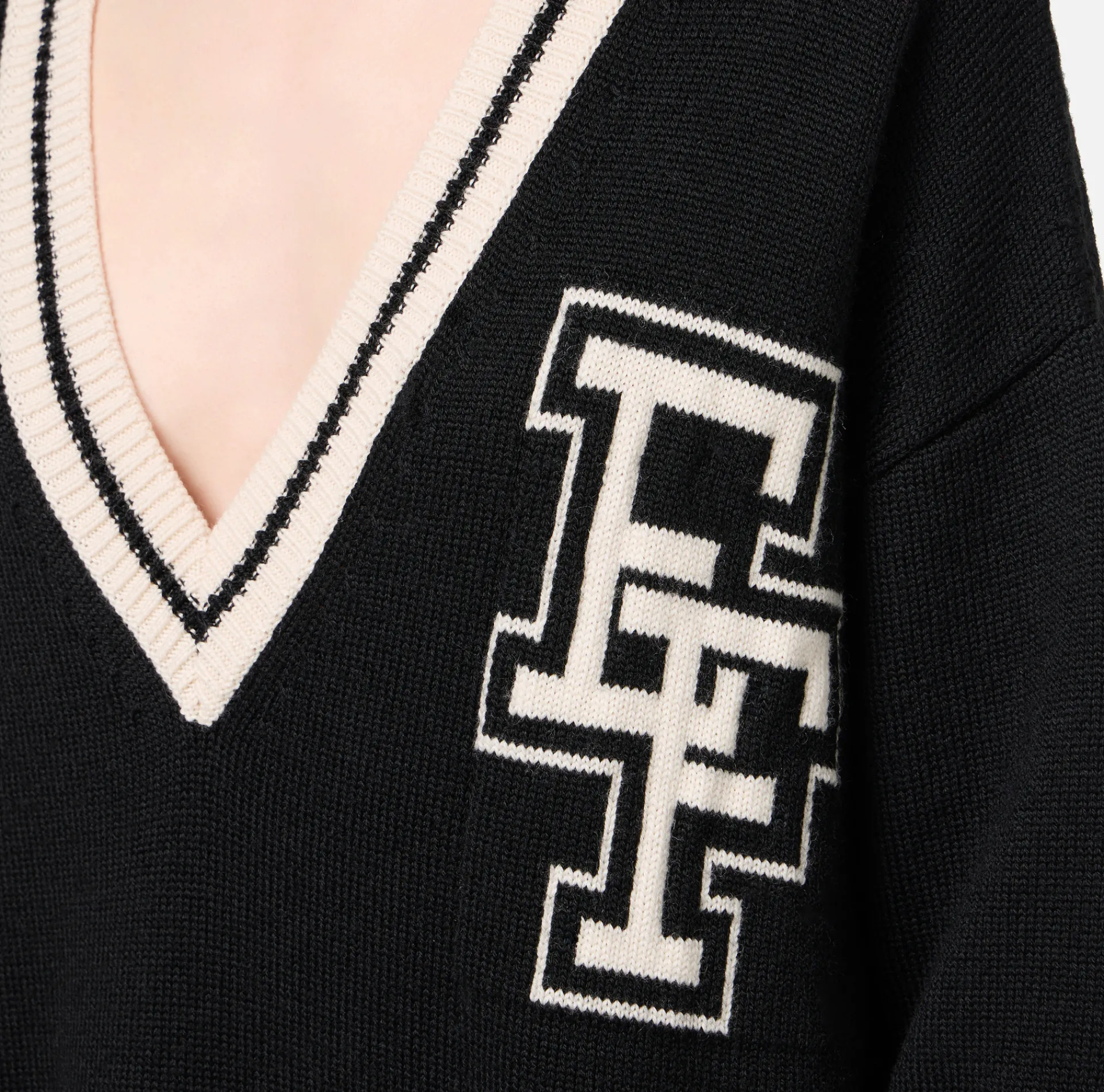 Elisabetta Franchi Mini Dresses|Knitted Dresses|College-style wool mini-dress Black/Butter