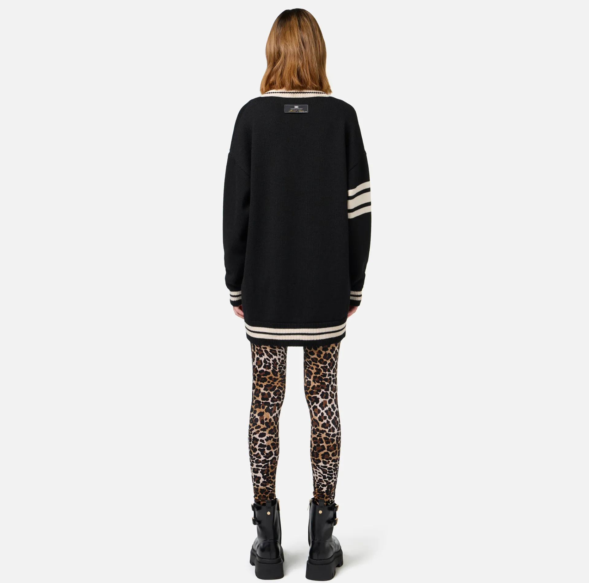 Elisabetta Franchi Mini Dresses|Knitted Dresses|College-style wool mini-dress Black/Butter