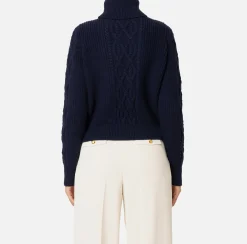 Elisabetta Franchi Knitwear And Sweatshirts|College-style wool turtleneck top Navy/Butter