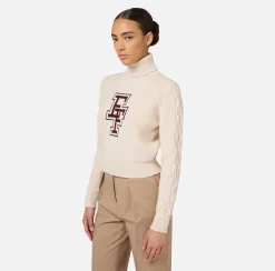 Elisabetta Franchi Knitwear And Sweatshirts|College-style wool turtleneck top Butter/RougeNoir